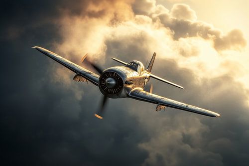 Een oud vintage vliegtuig uit de oorlog zweeft tussen de wolken van Digitale Schilderijen