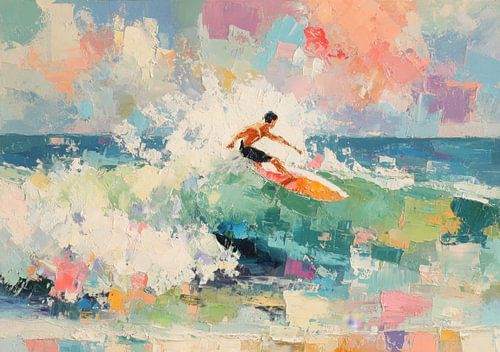 Un surfeur sur une vague colorée