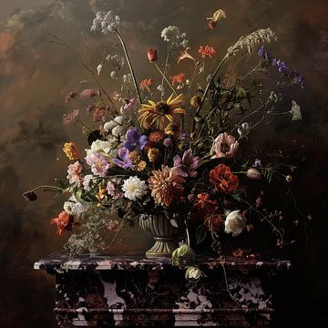 Nature morte au bouquet de fleurs sauvages sur une table en marbre sur Mel Digital Art