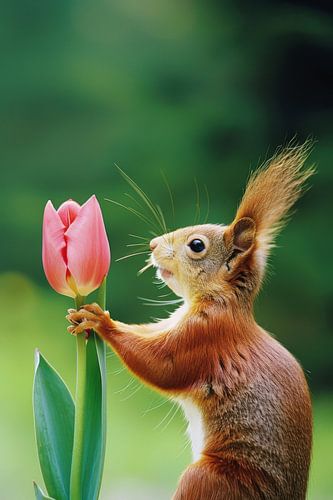 Speelse eekhoorn en roze tulp