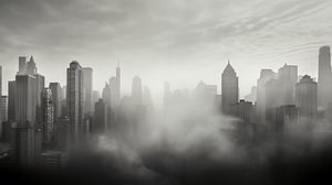 Schwarz-Weiß-Foto einer Stadtsilhouette im Nebel mit Wolkenkratzern