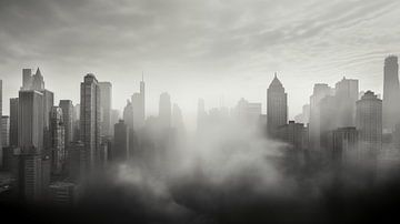 Zwart-witfoto van een stadssilhouet in de mist met wolkenkrabbers van Animaflora PicsStock