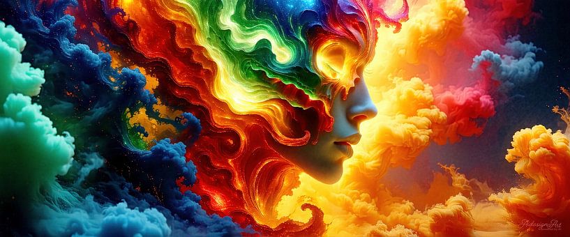 Hovering between light and mystery: the flowing face of a woman in streams of colour made of smoke, clouds and cosmic energy by AidasignArt