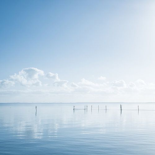 Hollands waterlandschap met reflectie van wolken en fuikpalen.