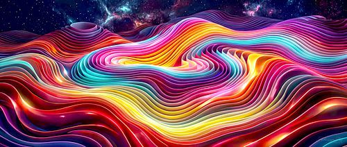 Een zwevend abstract landschap tussen kosmos en beweging