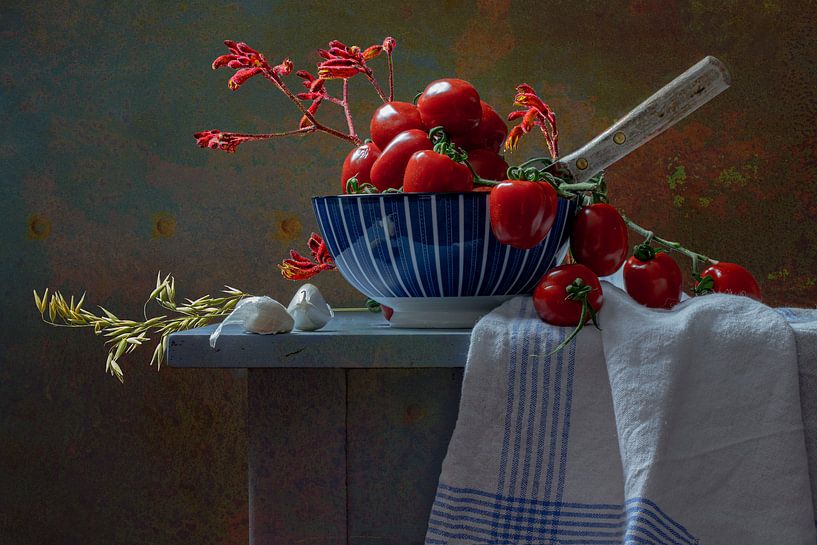 Still life Tomatoes in blue bowl by Willy Sengers