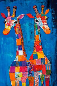 Des girafes multicolores dans le bleu sur Poster Art Shop