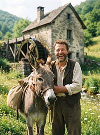 Gelukkige man lacht met ezel bij landelijke watermolen van Markus Gann