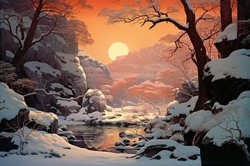 Winter Sneeuw Zonsondergang van Blikvanger Schilderijen