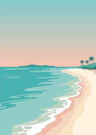 Illustration vectorielle minimaliste représentant une plage tropicale avec des vagues turquoise et des silhouettes de palmiers. sur Adam Khabibi