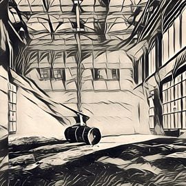 Ink Art - Fabrikhalle aufgegeben in beige schwarz 2 von 2 von Emiel de Lange