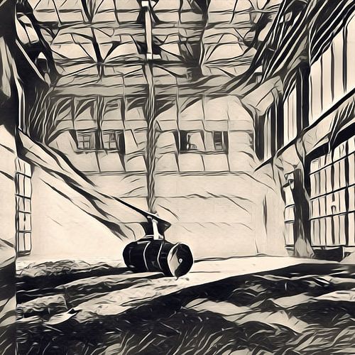 Ink art - factory hall abandoned in beige black 2 of 2