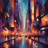 Colourful city lights dance on wet asphalt by Bart Veeken