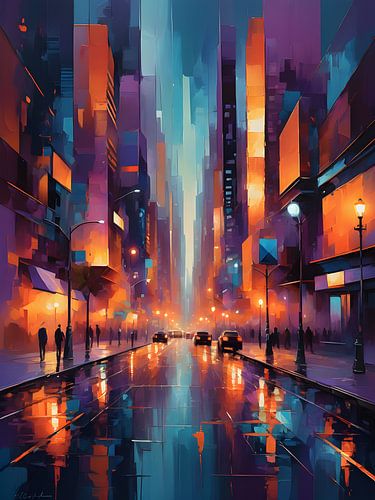 Kleurrijke stadslichten dansen op nat asfalt