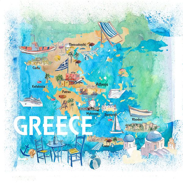 Illustrierte Reisekarte für Griechenland mit Sehenswürdigkeiten und Highlights von Markus Bleichner