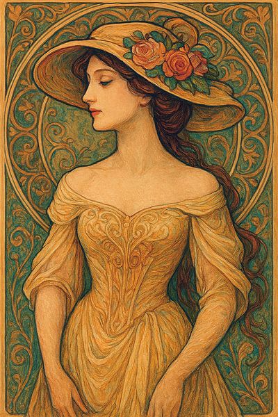 Sierlijke vrouw met hoed schilderij. van Johannes