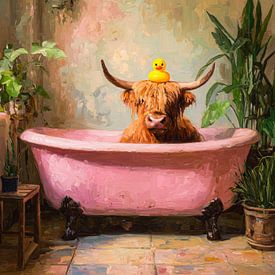 Schotse hooglander in roze badkuip met badeend in sfeervol vintage interieur van But First Framing