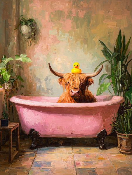 Schottischer Highlander in rosa Badewanne mit Gummiente in stimmungsvollem Vintage-Interieur von But First Framing