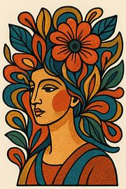 Damenportrait mit floralem Design - Moderne feminine Wandkunst von Mido