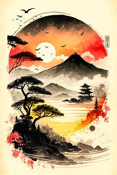 Japans landschap in aquarel van Peet de Rouw