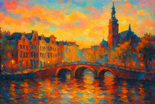 Enchanting Sunrise over the Bridge: Amsterdam in Colourful Paint