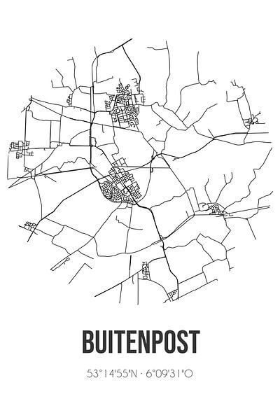 Buitenpost (Fryslan) | Carte | Noir et blanc par Affiches de lieux