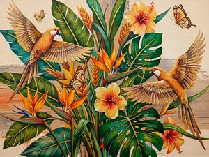 Design biophilique moderne avec monstera, oiseaux et papillons