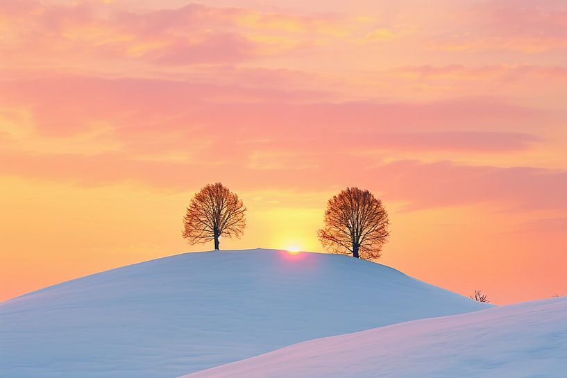 Lever de soleil sur un champ enneigé par fernlichtsicht