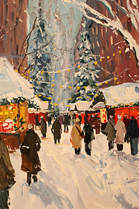 Weihnachtsbeleuchtung | Menschen auf verschneitem Weihnachtsmarkt