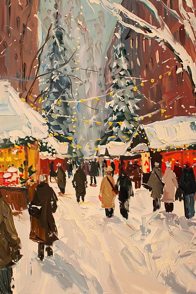 Weihnachtsbeleuchtung | Menschen auf verschneitem Weihnachtsmarkt von Wunderbare Kunst