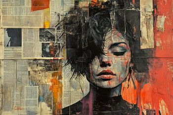 Graffiti, mixed media.  Portrait of a beautiful young woman in black, white, orange and red