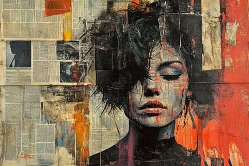 Graffiti, mixed media.  Portret van een mooie, jonge vrouw in zwart, wit, oranje en rood