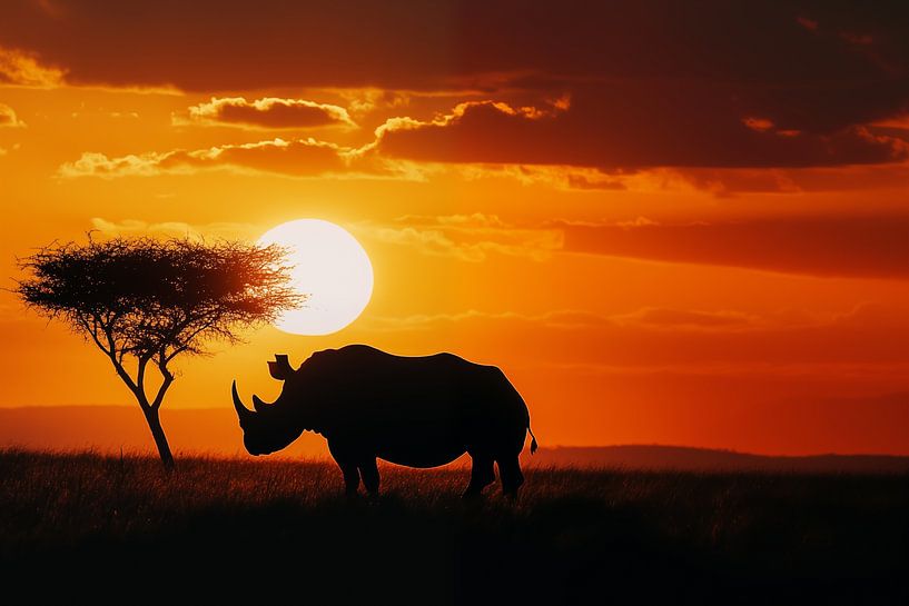 Neushoorn in savanne zonsondergang panorama van TheXclusive Art