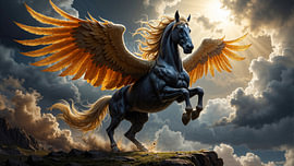 Fantasy Art Wandbild: PEGARION – Der wilde Pegasus mit den goldenen Flügeln von INFERAURUM - Dark Fantasy Wall Art & Poster
