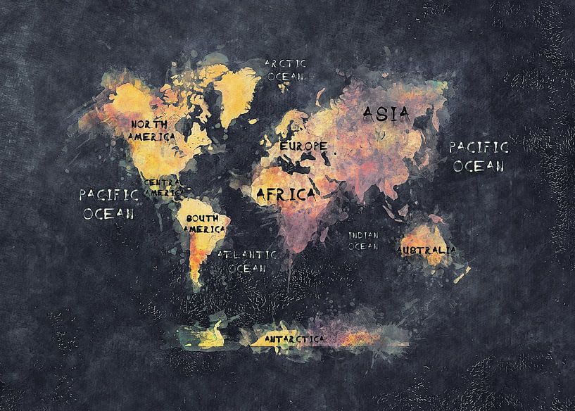Wereldkaart zwart geel #kaart #wereldkaart van JBJart Justyna Jaszke