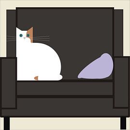 Schwarzer Stuhl mit weißer Katze und Kissen. von Ron Roem