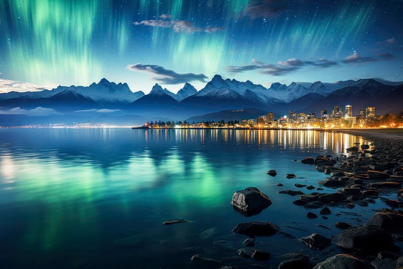 Northern lights and snow-capped mountains. by AVC Art Studio