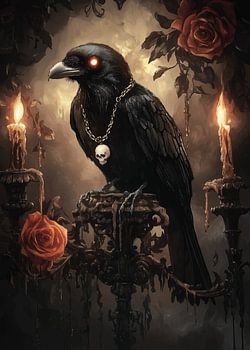 Mystischer Rabe mit leuchtenden Augen und Schädelkette