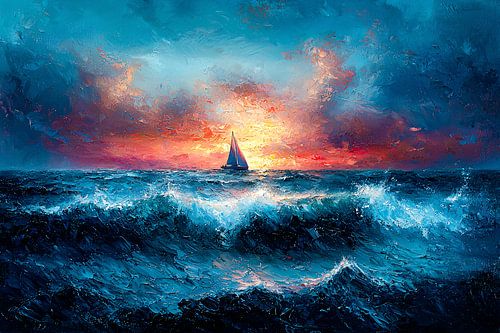 Zeilboot op zee bij zonsondergang