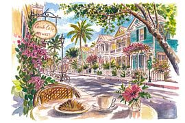Aquarell der Duval Street in Key West – Straßenszene vor dem Conch Cafe, Reiseandenken aus Florida von Markus Bleichner