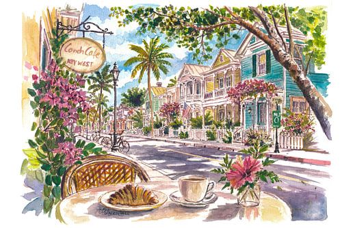 Aquarell der Duval Street in Key West – Straßenszene vor dem Conch Cafe, Reiseandenken aus Florida von Markus Bleichner