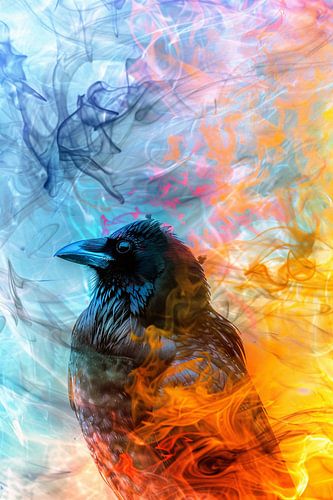 Digitale kunst vogel met vlammen en rook