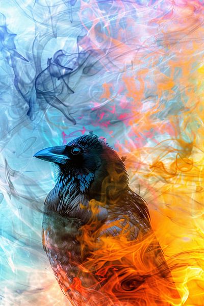 Digitale kunst vogel met vlammen en rook van Art & Soul Creations