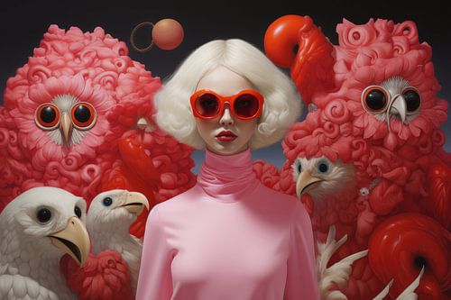 Bizarre image featuring a beautiful woman and strange birds