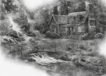 digitale tekening van een huisje in het bos van Gelissen Artworks