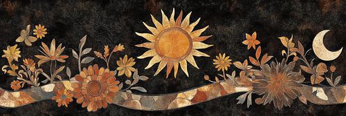 Gouden zon en bloemen op zwarte achtergrond panorama