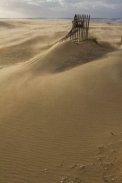Fence on beach with drifting sand during a storm by Menno van Duijn