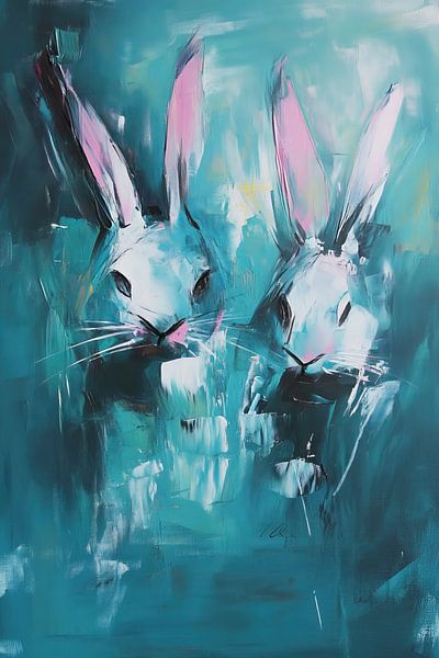 Rabbits | Abstract rabbits with colour by ARTEO Paintings