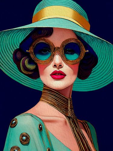 Femme élégante au look rétro avec chapeau et lunettes de soleil, Série : Colourful Retro -5