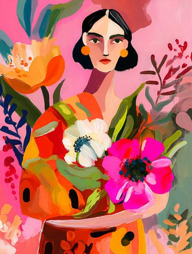 Femme avec des fleurs colorées dans un style de peinture vivant